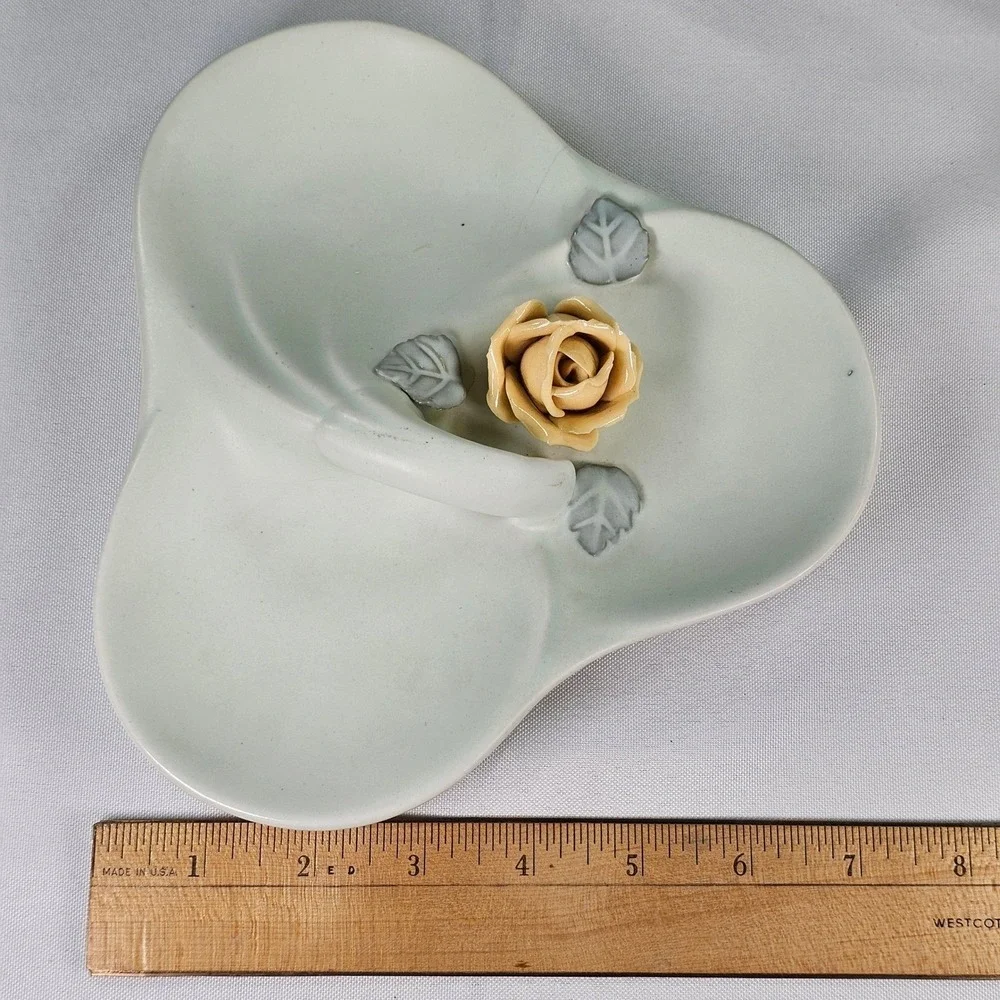 Vintage Ceramic Rose Trinket Dish Three Lobe Clover Jewelry Tray Celadon Green